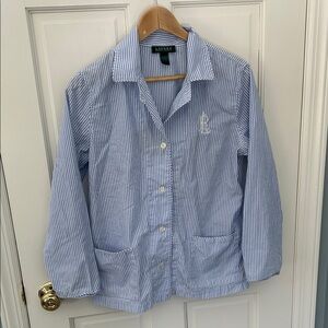 Lauren Ralph Lauren Light Blue Striped Pajama Top Shirt, M 100% cotton